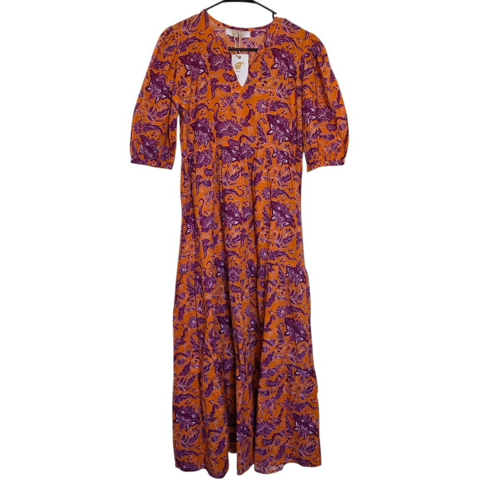 Bindu Elegant Coral and Purple Floral Midi Dress Size Small